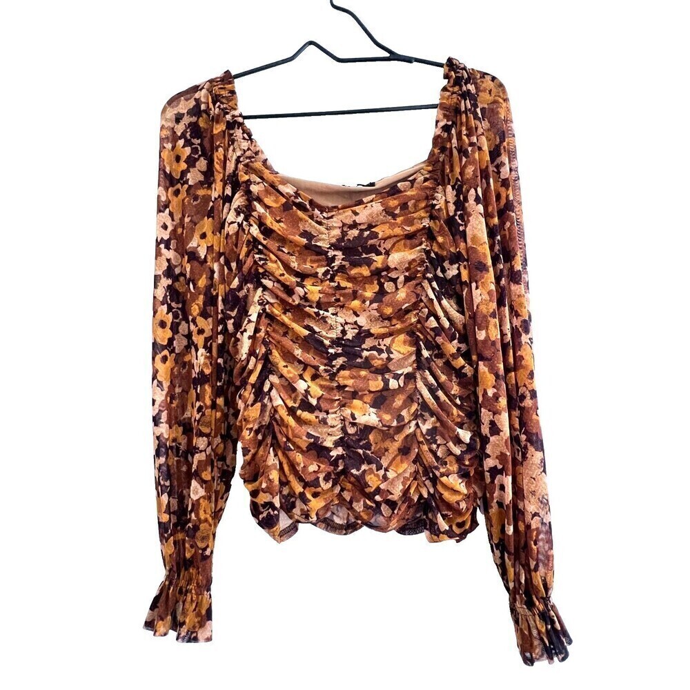 Jane Delancey blouse asymmetric print romantic women brown long sleeve size L